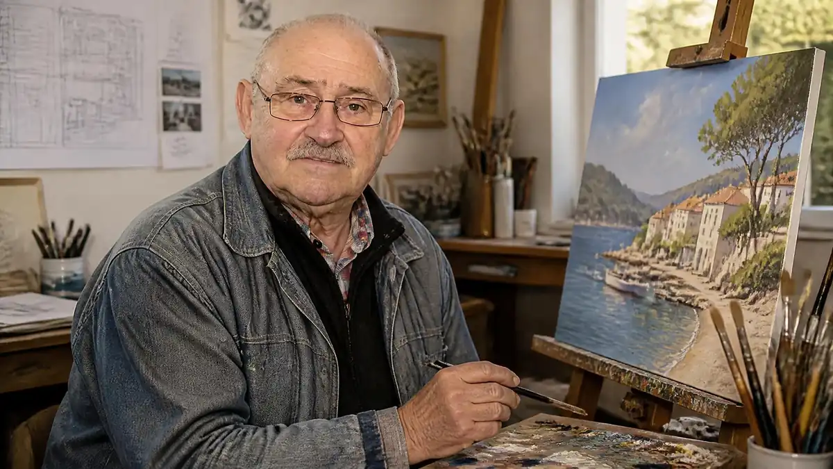 Michel Moreau travaille sur une toile représentant un paysage côtier dans son atelier de peinture
