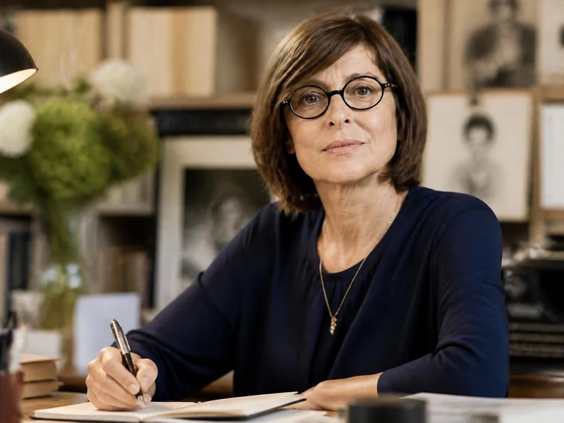 Portrait de la journaliste et écrivaine Michèle Fitoussi assise à son bureau en train d'écrire
