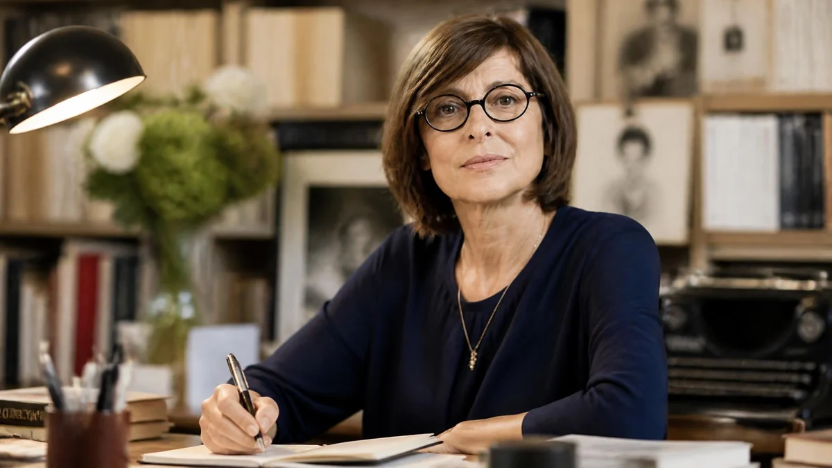Portrait de la journaliste et écrivaine Michèle Fitoussi assise à son bureau en train d'écrire