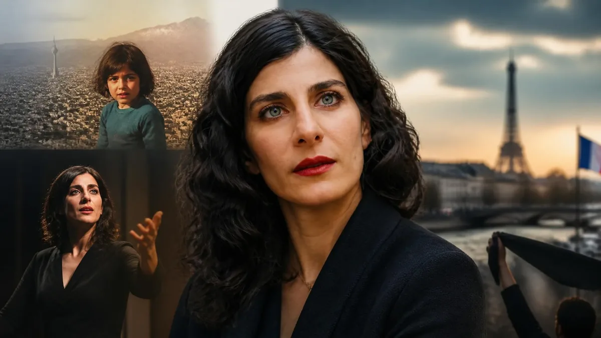 Portrait composite illustrant les différentes facettes de l'actrice Mina Kavani entre ses racines et sa vie en France