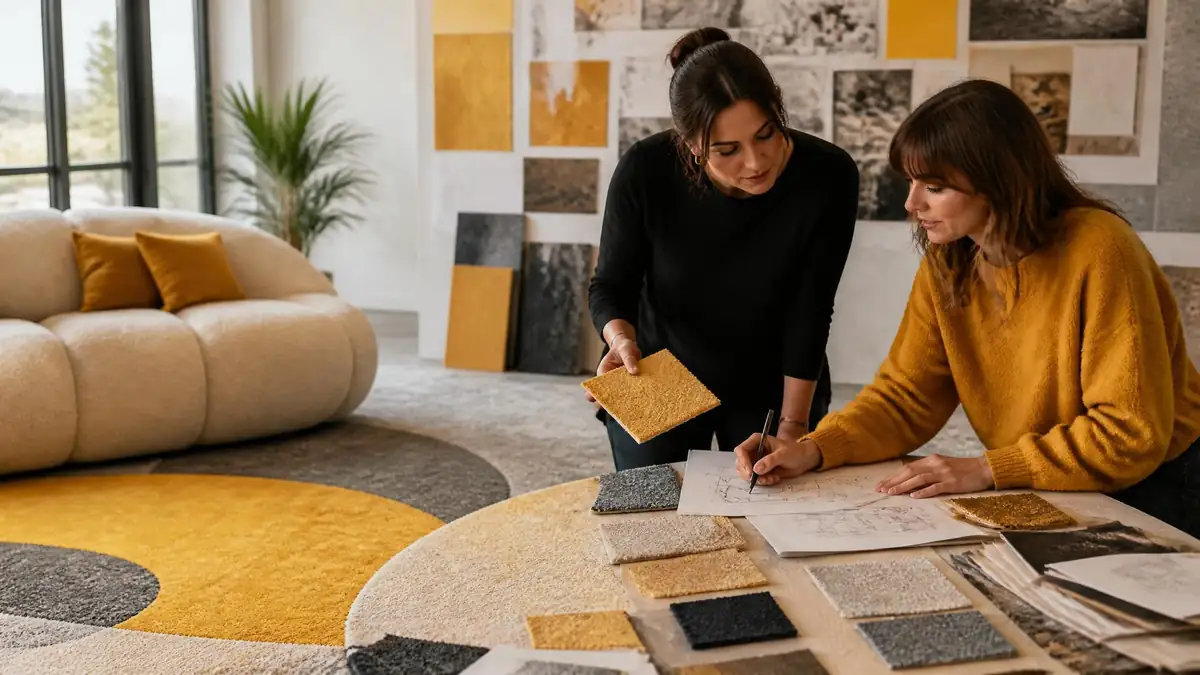 Deux décoratrices d'intérieur étudient des échantillons de moquette pour sélectionner Les best pour leurs projets