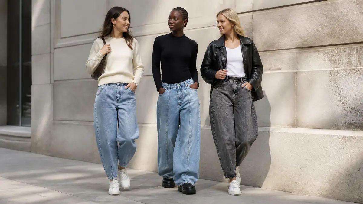 Trois jeunes femmes marchent dans la rue en portant différents modèles de Jean Ballon avec style