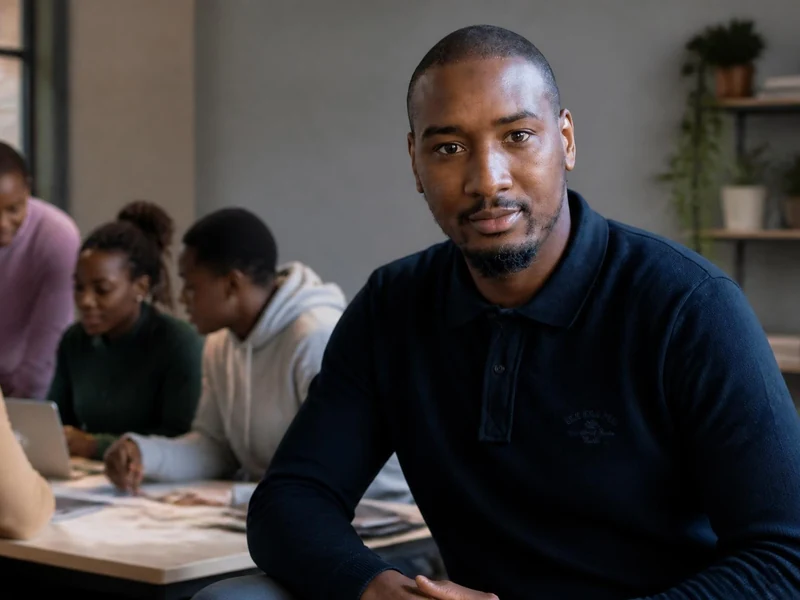 Moussa Camara pose au premier plan tandis qu'un groupe de jeunes travaille derrière lui dans un bureau moderne