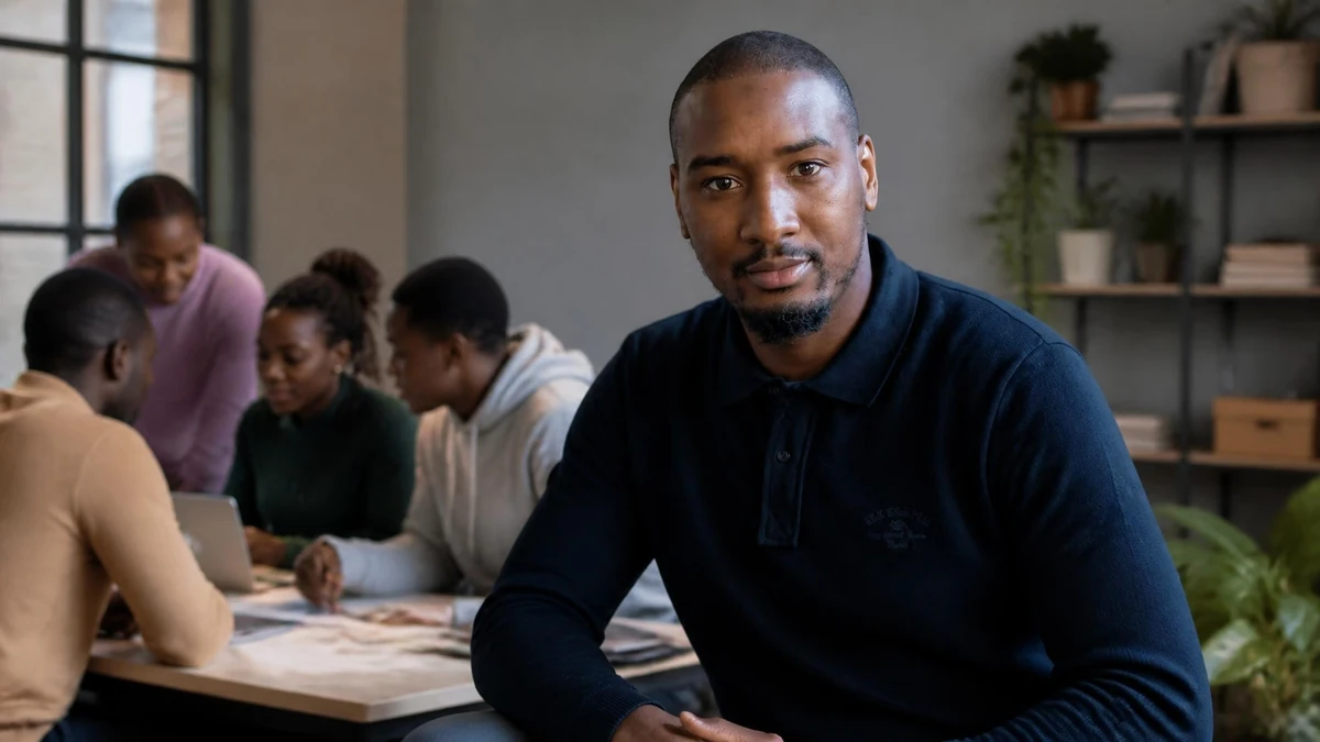Moussa Camara pose au premier plan tandis qu'un groupe de jeunes travaille derrière lui dans un bureau moderne