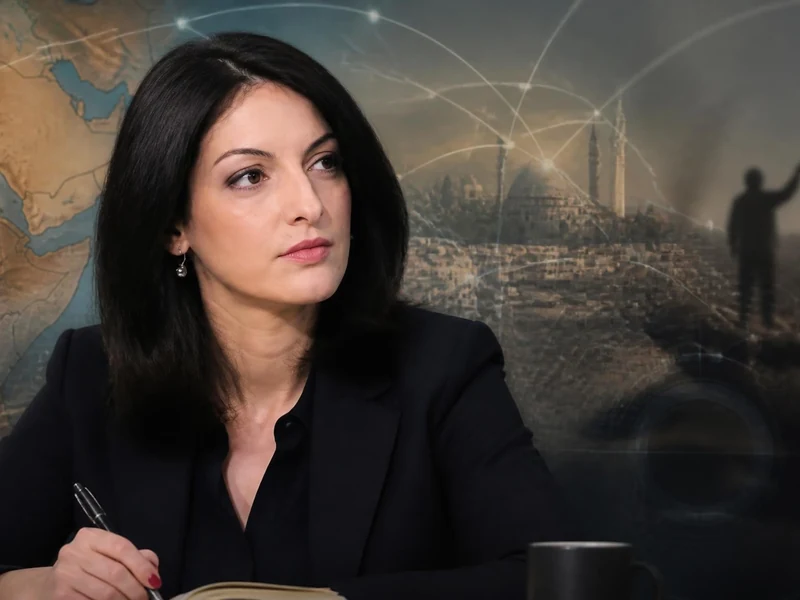 Portrait de la politologue Myriam Benraad devant une carte du Moyen-Orient et une illustration de conflit
