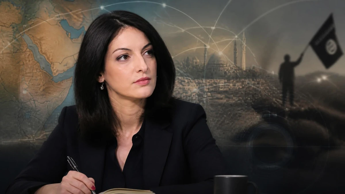 Portrait de la politologue Myriam Benraad devant une carte du Moyen-Orient et une illustration de conflit