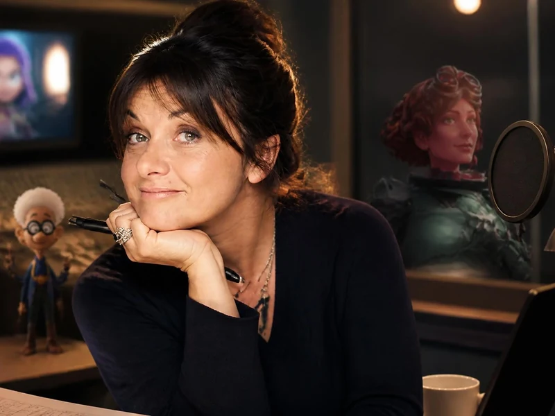 Portrait de la comédienne Nathalie Homs souriante en studio d'enregistrement