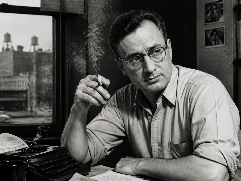 Portrait en noir et blanc de l'écrivain Nelson Algren assis à son bureau avec une cigarette à la main