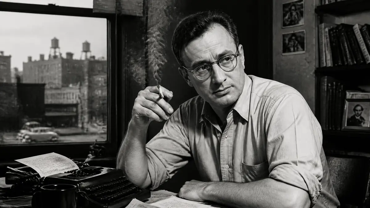 Portrait en noir et blanc de l'écrivain Nelson Algren assis à son bureau avec une cigarette à la main