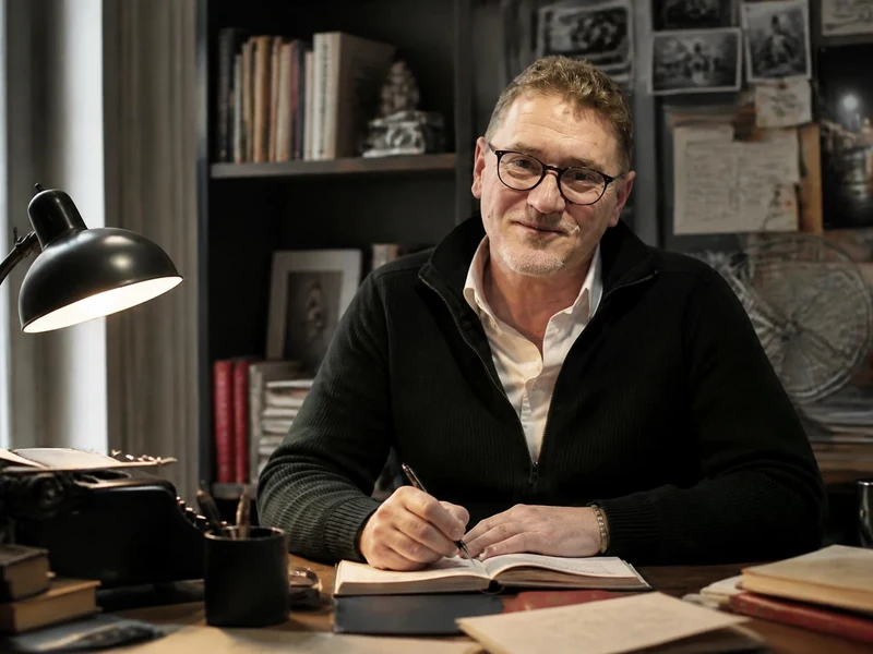 L'écrivain Nicolas Lebel travaille à son bureau, entouré de livres et de notes dans une atmosphère studieuse