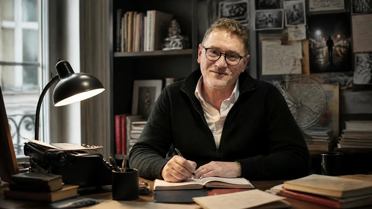 L'écrivain Nicolas Lebel travaille à son bureau, entouré de livres et de notes dans une atmosphère studieuse