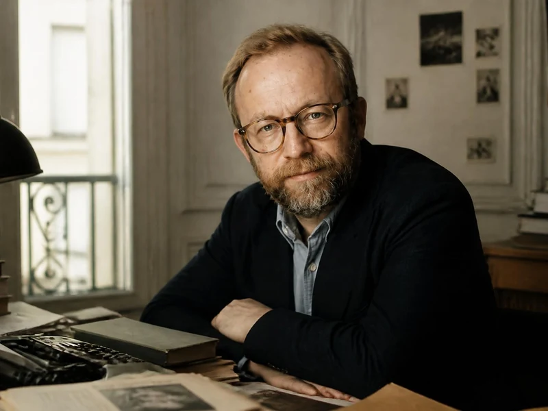 Portrait du réalisateur Nicolas Pariser assis à son bureau entouré de livres et de papiers