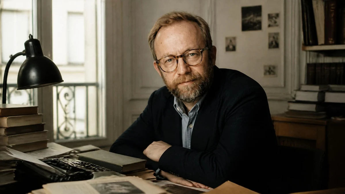 Portrait du réalisateur Nicolas Pariser assis à son bureau entouré de livres et de papiers
