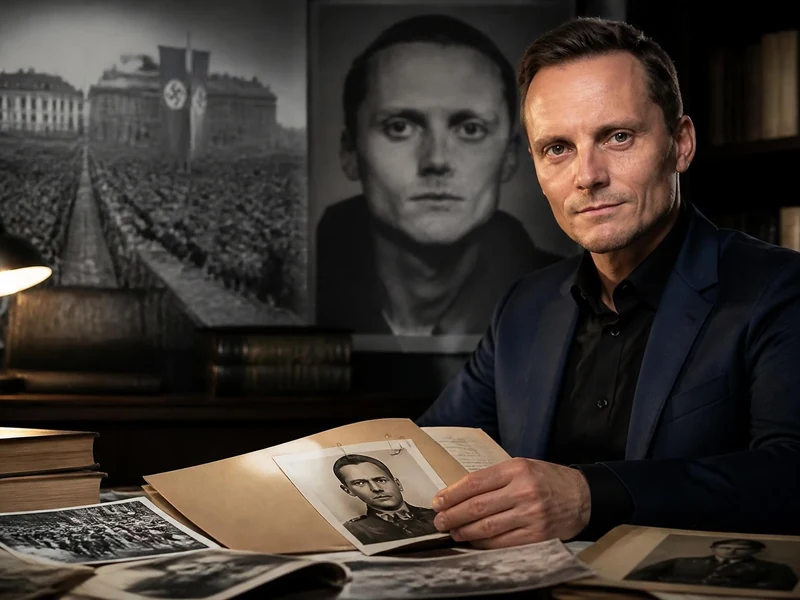 Portrait de l'historien Nicolas Patin consultant des documents d'archives dans son bureau