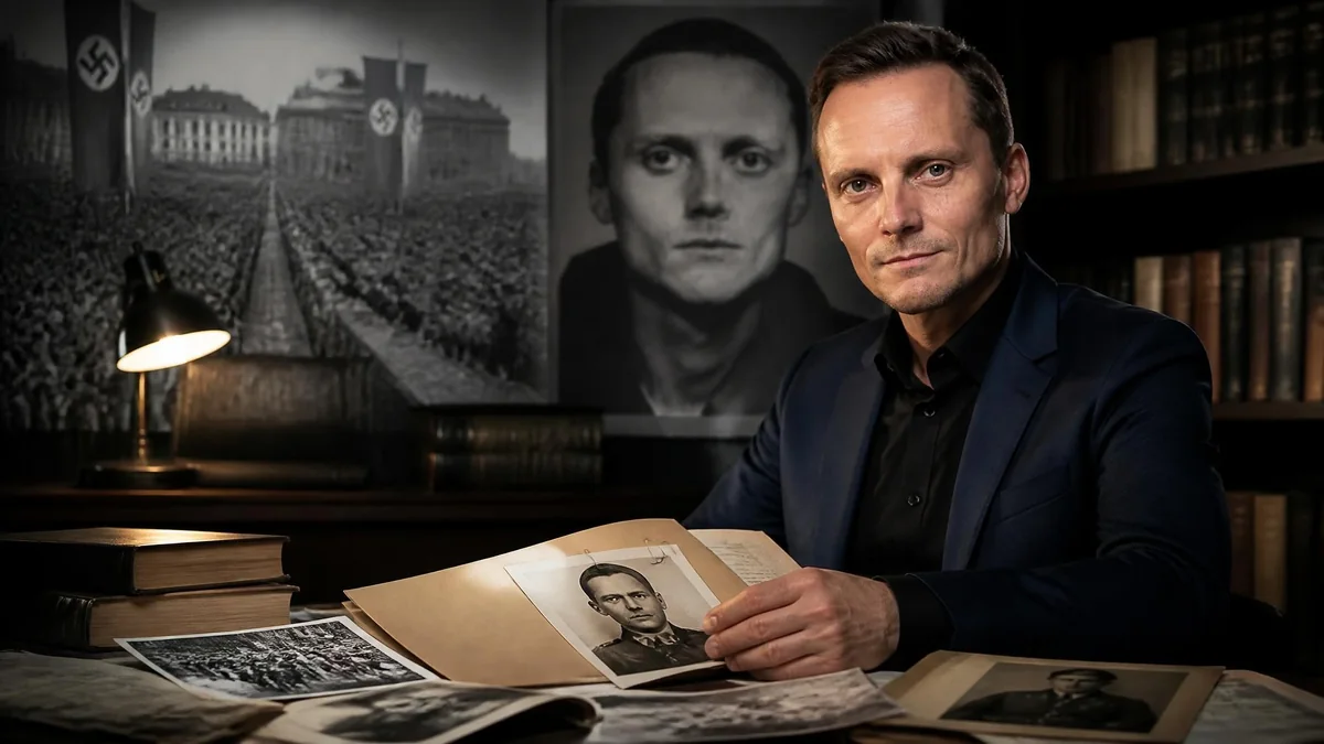Portrait de l'historien Nicolas Patin consultant des documents d'archives dans son bureau