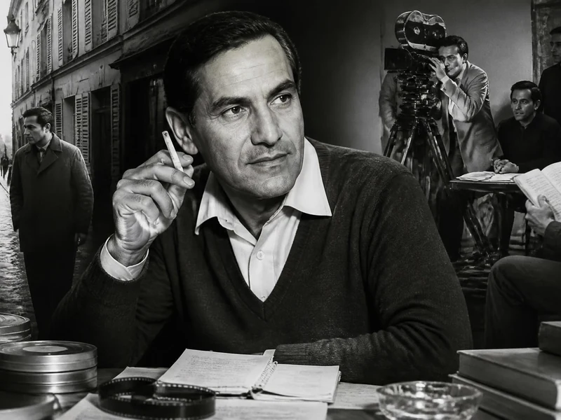 Portrait en noir et blanc du cinéaste Nikos Papatakis assis devant un bureau avec des bobines de film et des livres