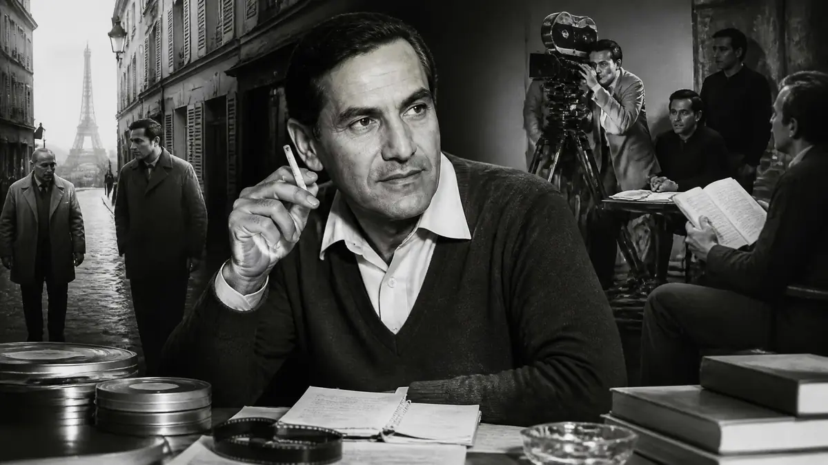 Portrait en noir et blanc du cinéaste Nikos Papatakis assis devant un bureau avec des bobines de film et des livres