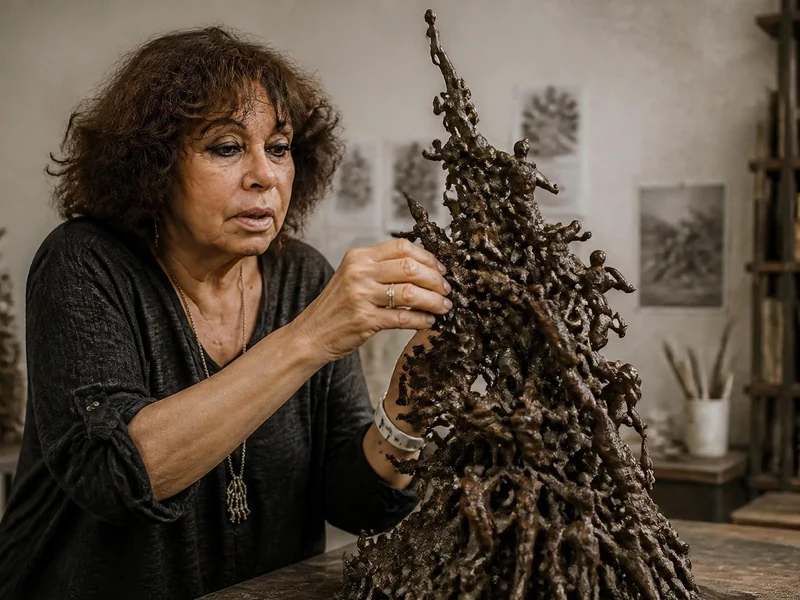 Nisa Chevènement façonne avec précision une sculpture en bronze représentant une multitude de petits personnages