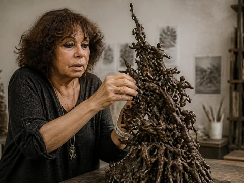 Nisa Chevènement façonne avec précision une sculpture en bronze représentant une multitude de petits personnages