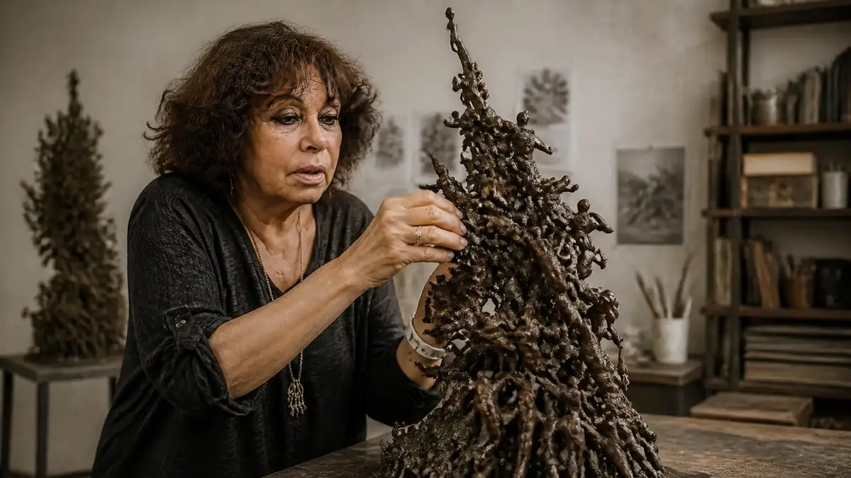 Nisa Chevènement façonne avec précision une sculpture en bronze représentant une multitude de petits personnages