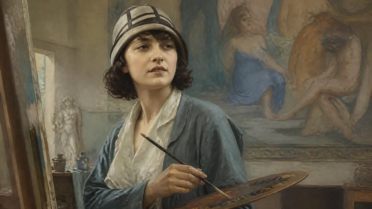 Portrait de l'artiste peintre Odette Pauvert tenant une palette et un pinceau devant son chevalet
