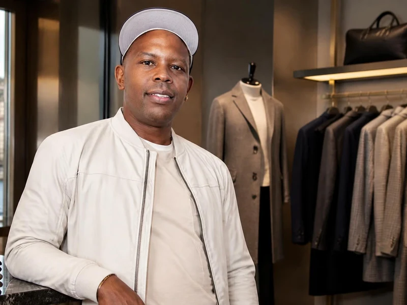 Oliver Grant prend la pose dans une boutique de mode élégante devant des portants de vêtements