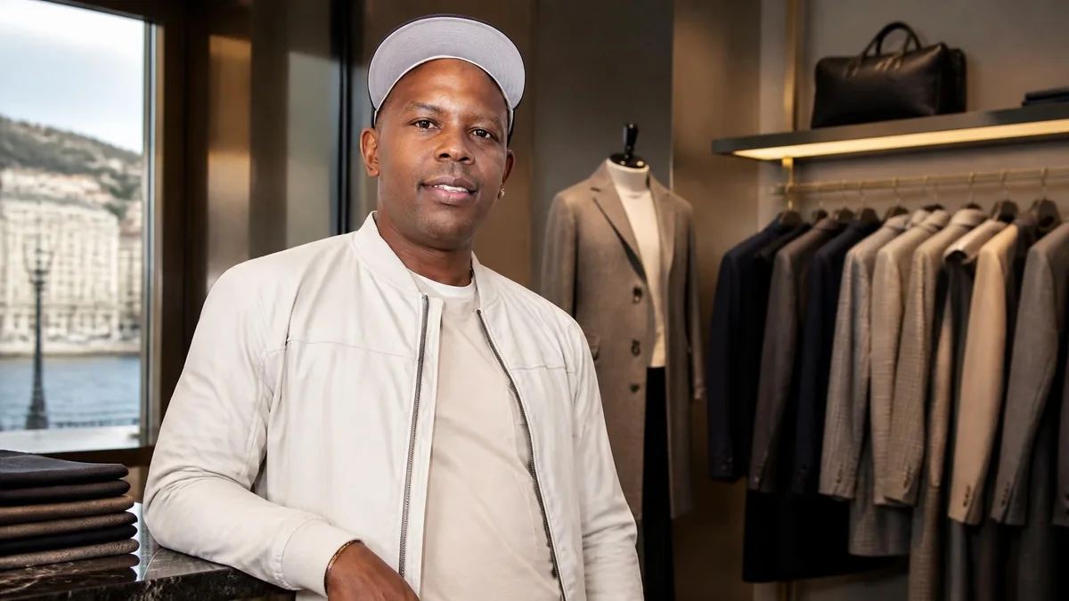 Oliver Grant prend la pose dans une boutique de mode élégante devant des portants de vêtements