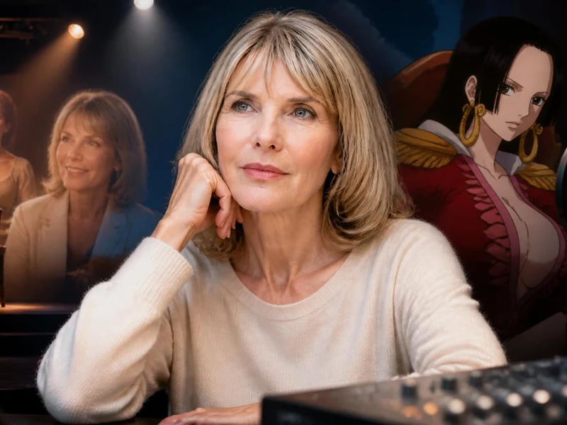 Portrait d'Olivia Dutron devant une console de mixage avec des images de théâtre et d'animation en arrière-plan
