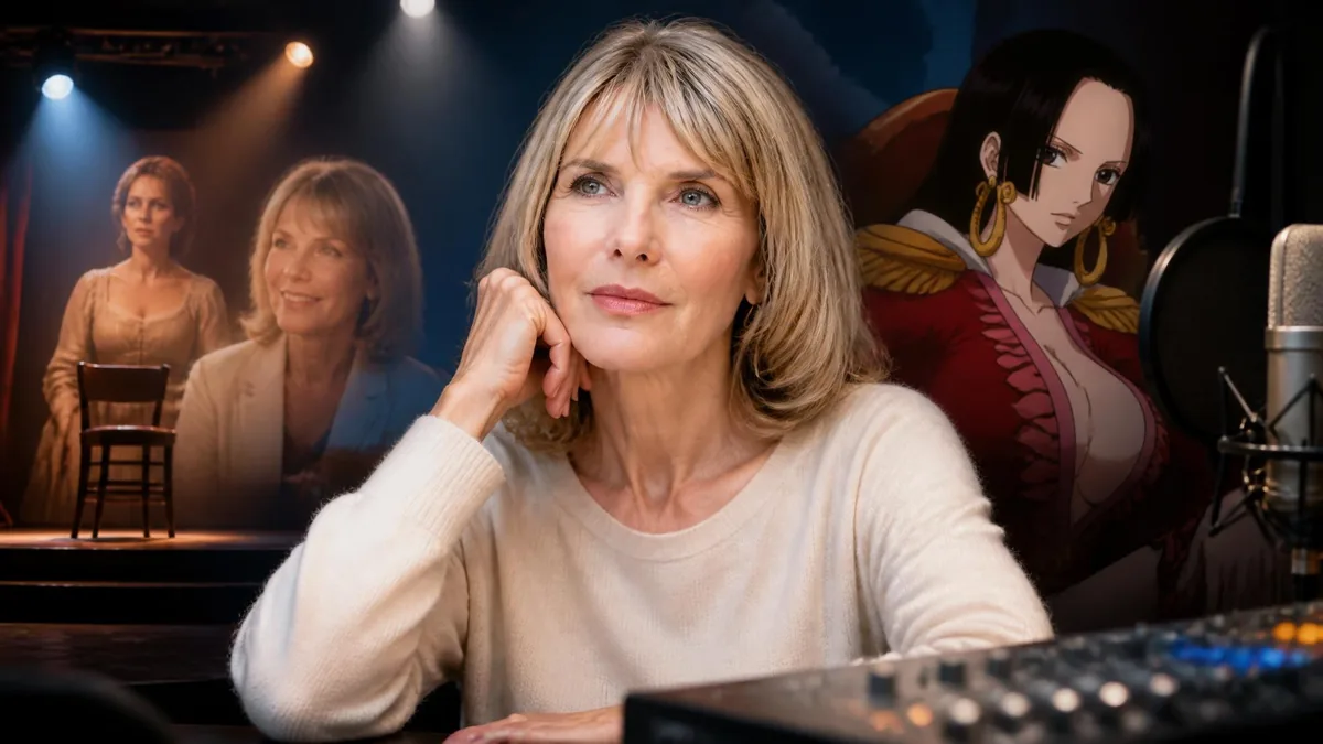 Portrait d'Olivia Dutron devant une console de mixage avec des images de théâtre et d'animation en arrière-plan
