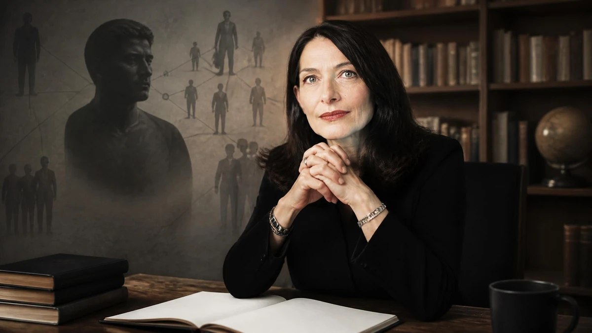La philosophe Olivia Gazalé assise à son bureau devant une bibliothèque avec des silhouettes masculines en arrière-plan