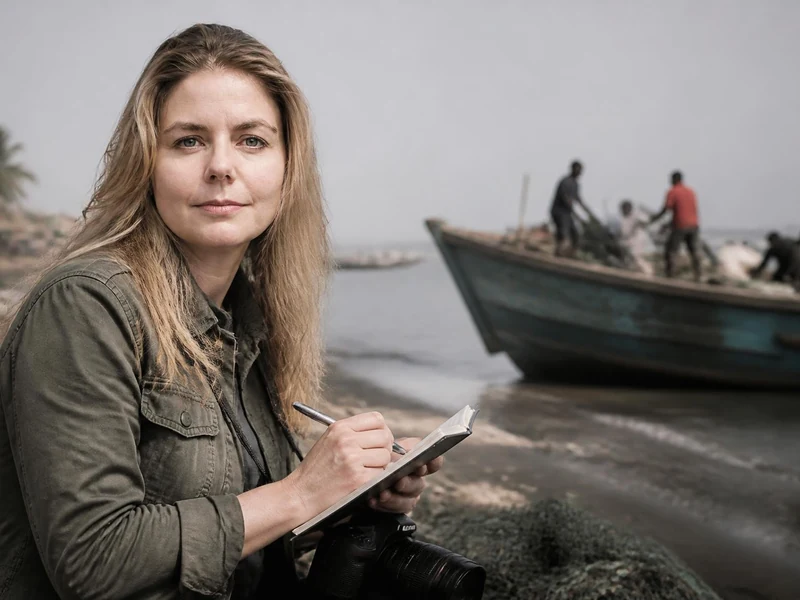 Olivia Mokiejewski prend des notes sur le terrain près d'un bateau de pêcheur