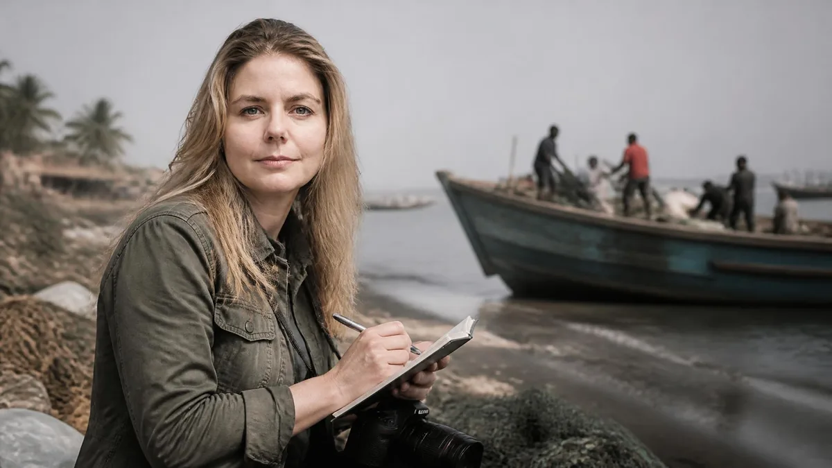 Olivia Mokiejewski prend des notes sur le terrain près d'un bateau de pêcheur