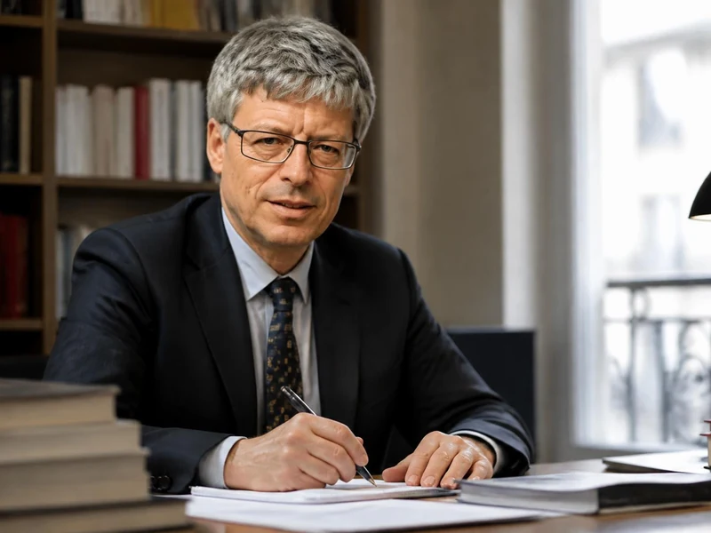 Portrait d'Olivier Beaud assis à son bureau devant une bibliothèque en train d'écrire