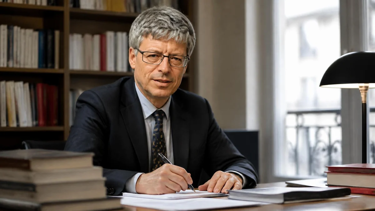 Portrait d'Olivier Beaud assis à son bureau devant une bibliothèque en train d'écrire