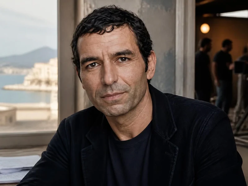 Portrait de Olivier Loustau posant devant une fenêtre avec vue sur la mer dans un environnement de tournage