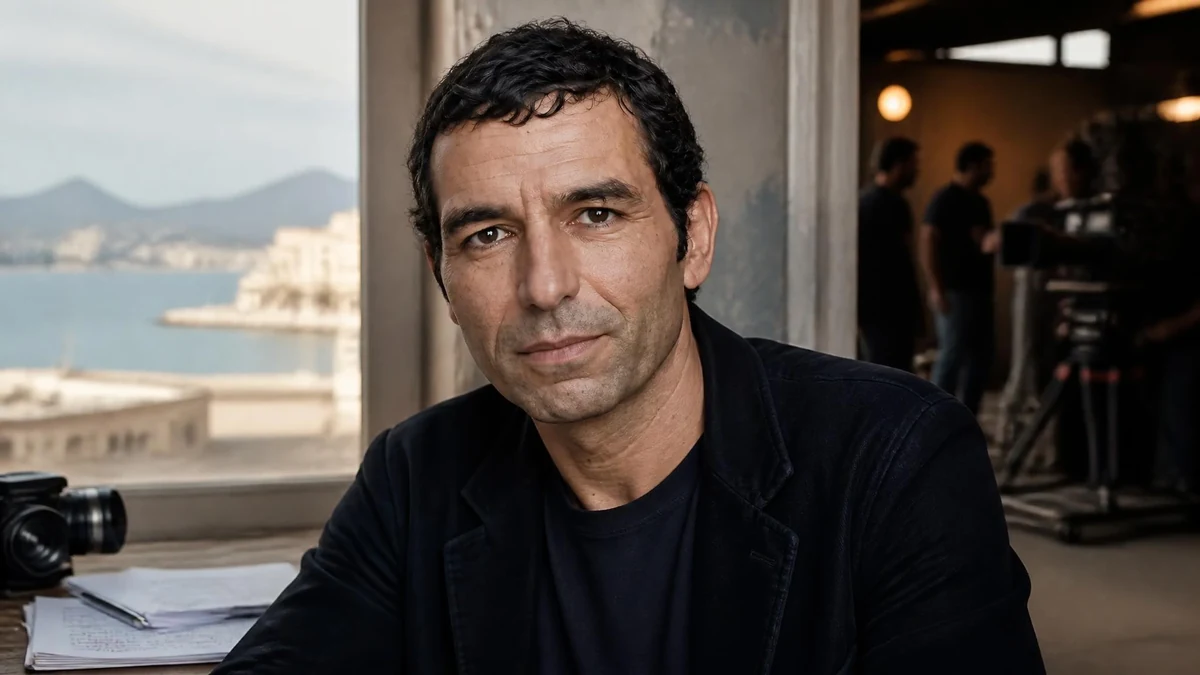 Portrait de Olivier Loustau posant devant une fenêtre avec vue sur la mer dans un environnement de tournage