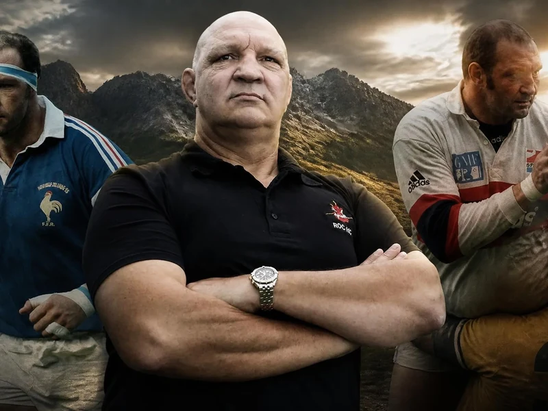Portrait montrant Olivier Merle en premier plan avec des images de sa carrière de joueur en arrière-plan