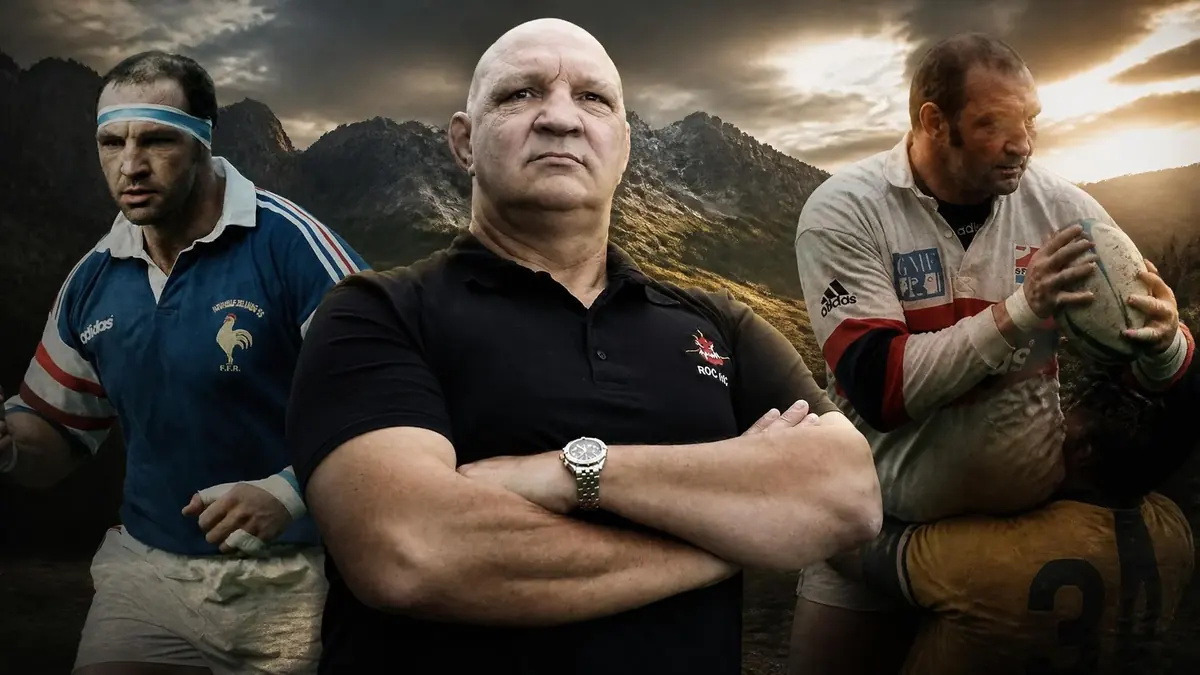 Portrait montrant Olivier Merle en premier plan avec des images de sa carrière de joueur en arrière-plan