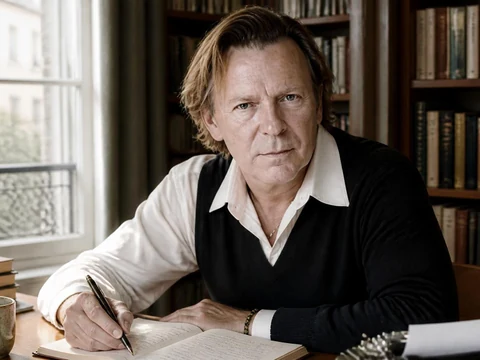 Portrait de l'écrivain Olivier Séchan assis à son bureau en train d'écrire dans un carnet devant une bibliothèque