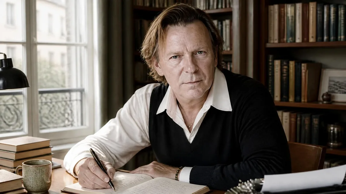 Portrait de l'écrivain Olivier Séchan assis à son bureau en train d'écrire dans un carnet devant une bibliothèque