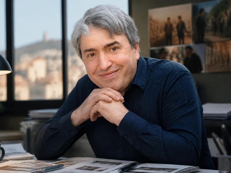Olivier Szulzynger souriant au bureau avec des documents et des photos de tournage en arrière-plan