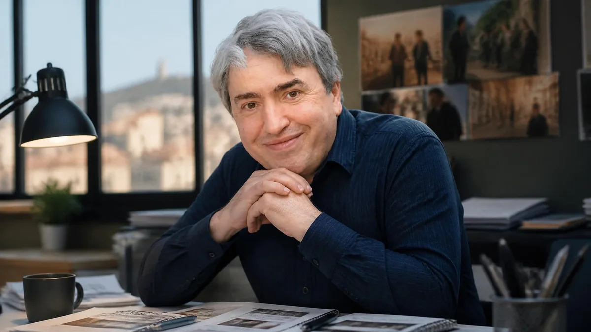 Olivier Szulzynger souriant au bureau avec des documents et des photos de tournage en arrière-plan