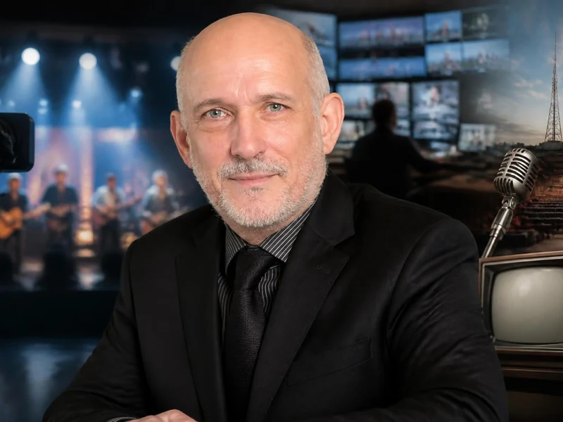 Portrait de Pascal Josèphe devant un montage d'éléments liés à l'univers de la télévision