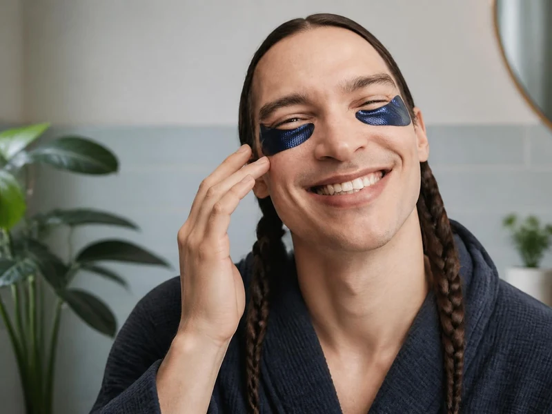 Un homme souriant applique un patch eye bleu sous ses yeux pour prendre soin de son regard