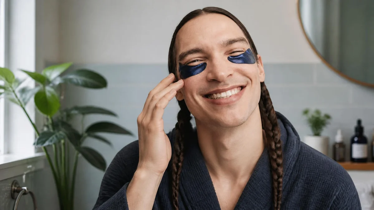 Un homme souriant applique un patch eye bleu sous ses yeux pour prendre soin de son regard
