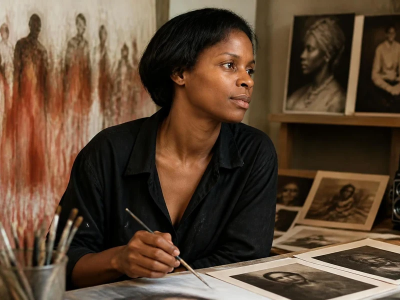 Patrice-Flora Praxo peignant dans son atelier entourée de ses œuvres artistiques et de ses photographies