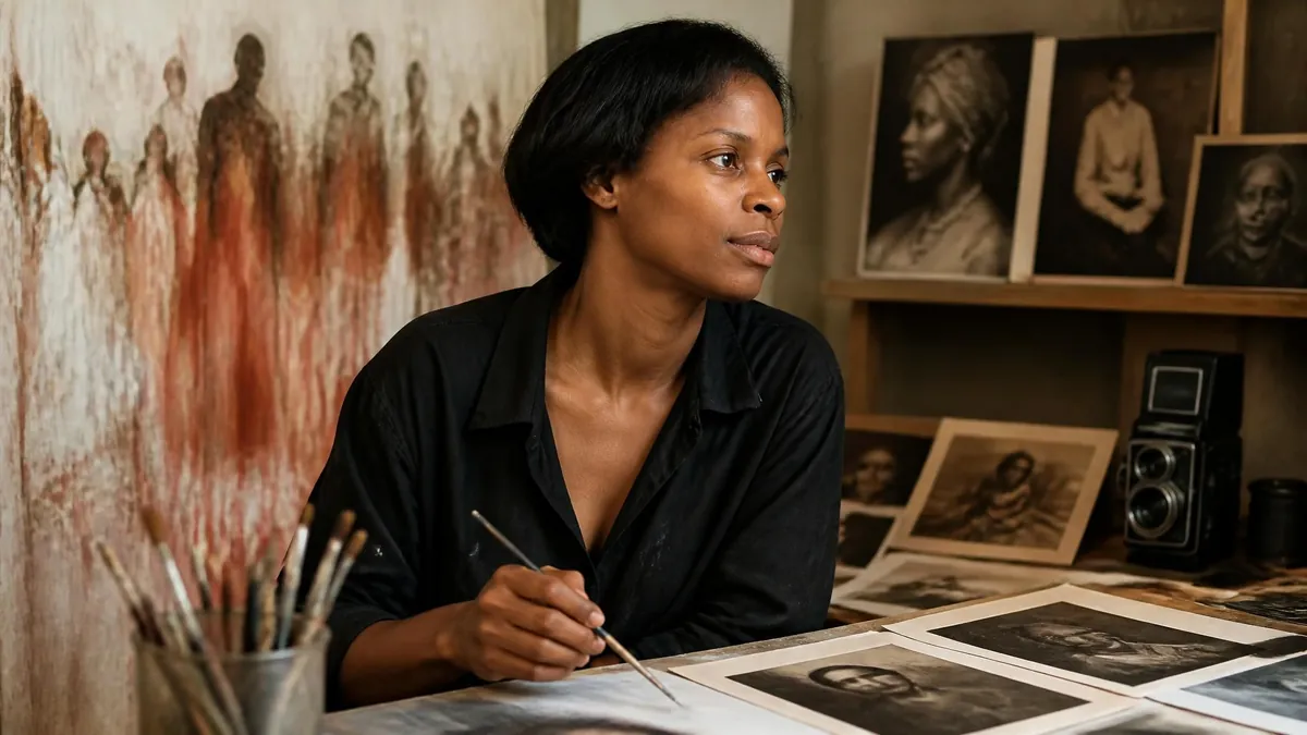 Patrice-Flora Praxo peignant dans son atelier entourée de ses œuvres artistiques et de ses photographies