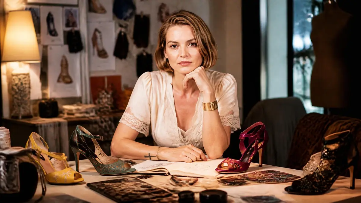 Patricia Blanchet travaillant sur ses créations de chaussures dans son atelier rempli de modèles et de croquis