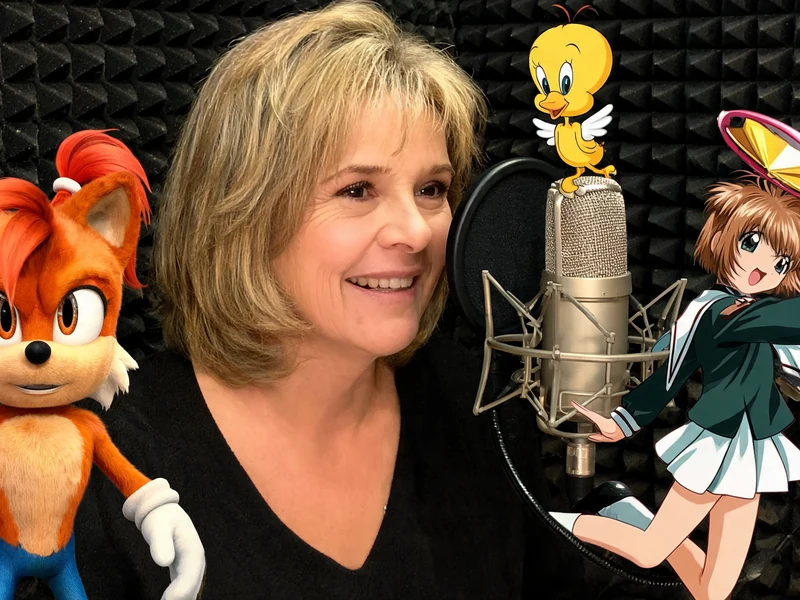 La comédienne Patricia Legrand sourit en studio devant un micro entourée de personnages de dessins animés