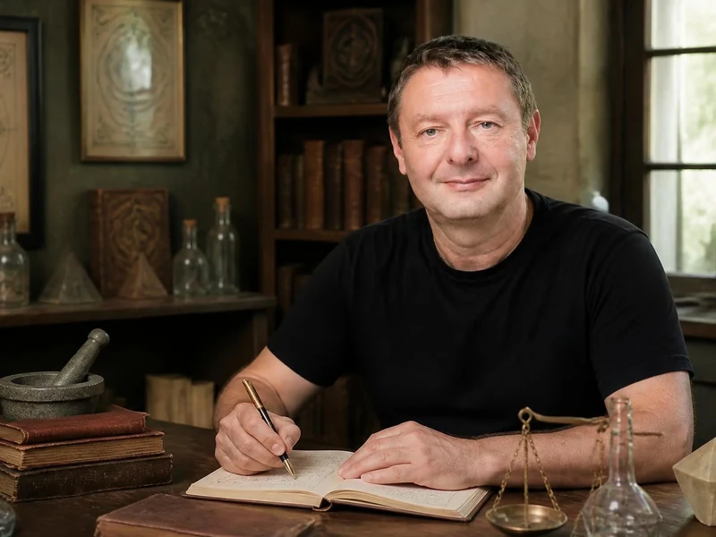 Patrick Burensteinas assis à son bureau entouré d'instruments d'alchimie et de livres anciens
